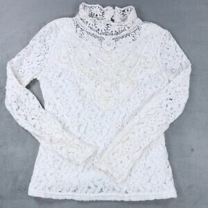 Women's White Lace Blouse Beaded Mock Neck Long Sleeve Fitted XS Small